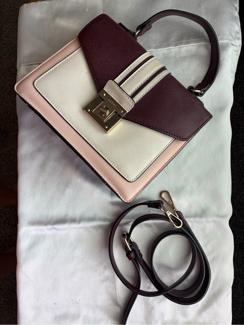 Aldo Tri-Color Top Handle Satchel in Soft Pink, Cream & Burgundy